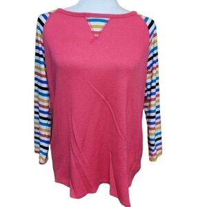 Women's Size Large Pink Rainbow Stripe Sleeve Raglan Tee Soft Cotton Blend Knit